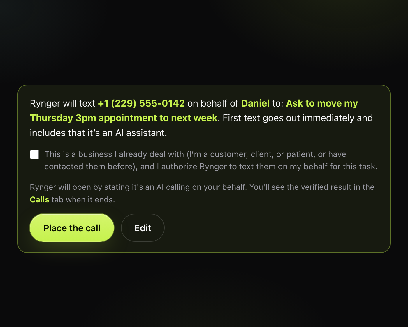 Rynger in-app text-task confirmation step: summary of who will be texted on whose behalf, the unchecked business-relationship attestation checkbox, the AI-disclosure note, and the confirm/edit buttons